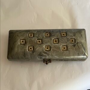 Vintage 1950’s Lucite Gray Marble Acrylic Evening Retro Clutch Rhinestone Accent